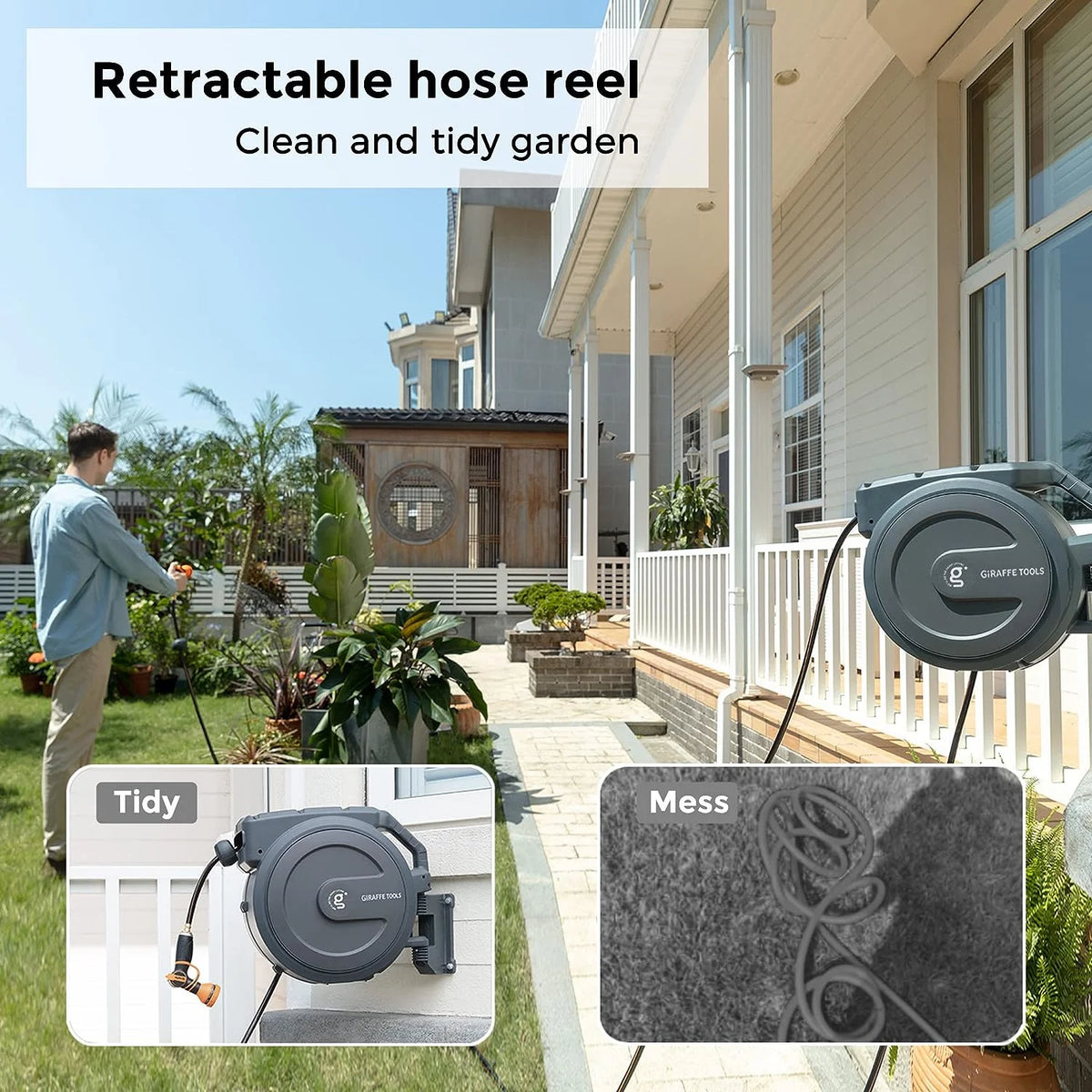 Giraffe Tools Retractable Garden Hose Reel with 1/2in-100ft Water Hose, Plastic Bracket, Wall Mounted, Dark Grey