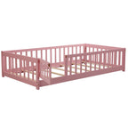 UHOMEPRO Twin Size Floor Bed with Door and Fence, Montessori Floor Bed with Slats and Safety Guardrails, Solid Wood Twin Bed Frame for Bedroom, White