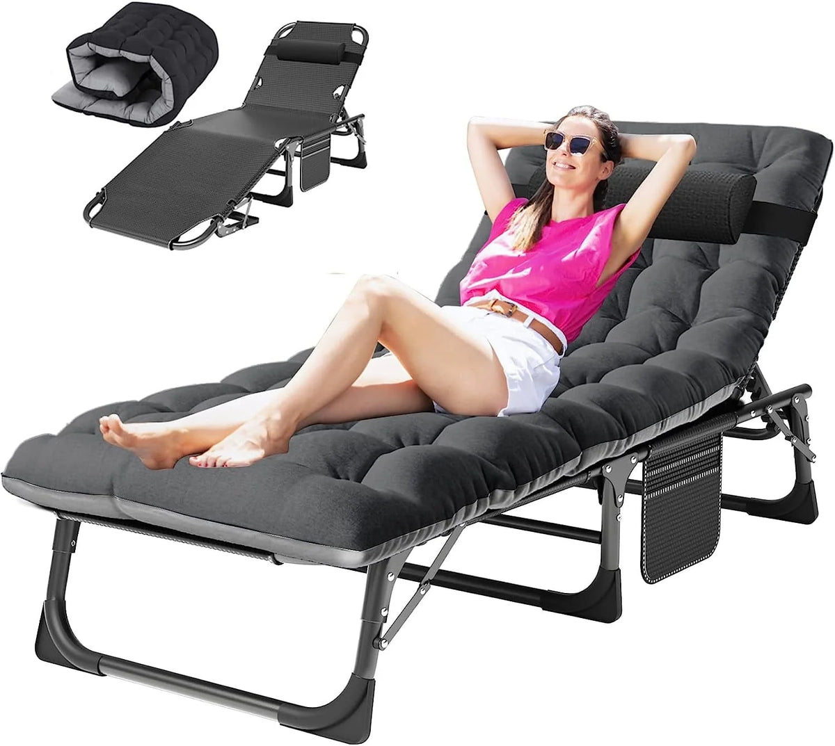 SLSY Folding Camping Cot with 2 Sided Cushion & Pillow, Adjustable 5-Position Outdoor Portable Folding Lounge Chair, Folding Sleeping Cots Bed