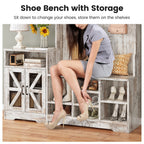 Farmhouse Wood Hall Tree with Shoe Bench and Console Table, LED 4-in-1 Coat Rack with 8 Hooks and 7 Adjustable Shoe Cubbies, Multifunctional Entryway Storage Organizer with Cabinet, Vintage White