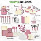 54-Piece Kitchen Cookware Set �C Complete Non-Stick Ceramic Pots and Pans Set with Utensils, Bakeware, and Knife Set, Gas, Electric & Induction Compatible, Blush Pink Kitchen Essentials