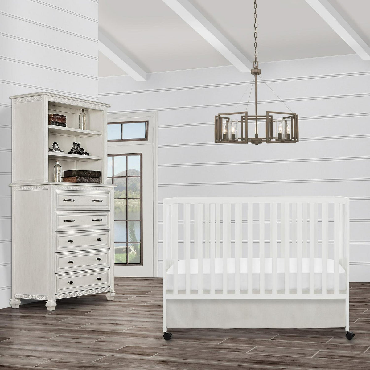 Dream On Me Quinn Full-Size Folding Crib. Removable Wheels. Modern Nursey. Adjustable Mattress Support. Patent Folding System in White