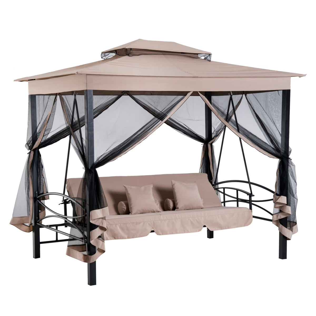 Outsunny 3 Person Patio Swing Chair, Gazebo Swing with Double Tier Canopy, Cushioned Seat, Mesh Sidewalls, gray