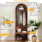 LUCKYELF Hall Tree with Shoe Storage, Entryway Bench with 4 Hooks and 2 Doors, Arch Coat Rack Cabinet for Hallway