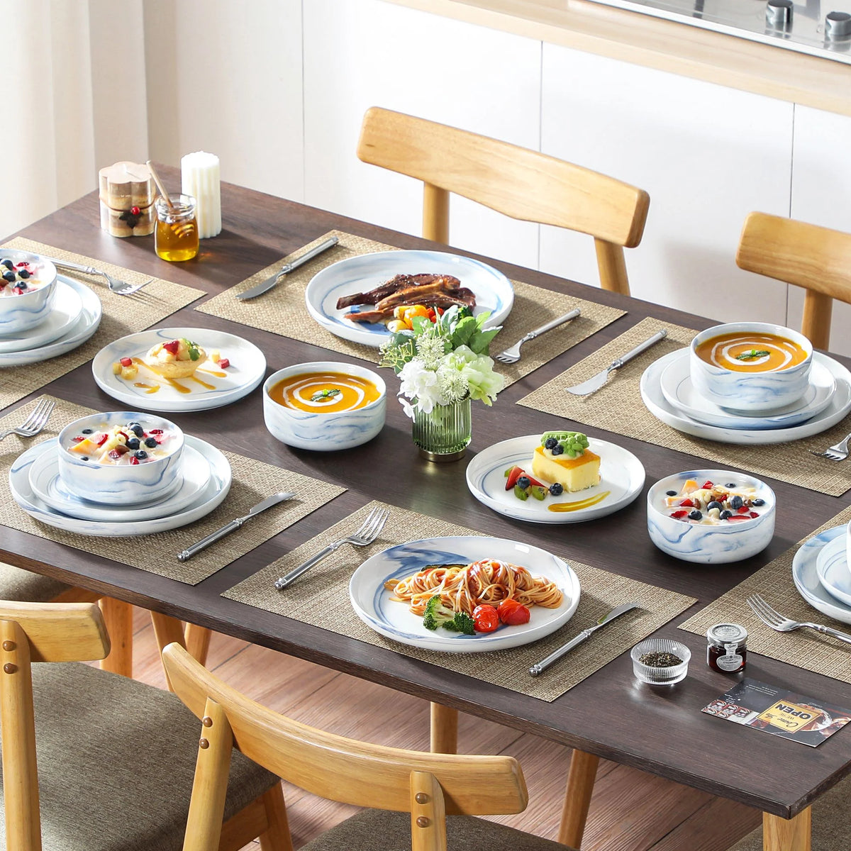 vancasso 36 Pieces Dinnerware Sets, Plates and Bowls Set for 8, Porcelain Dinner Set, White with Black Rim