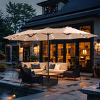 Summit Living 15 FT Double-Sided Solar Patio Umbrella with Base Large Outdoor Umbrella with LED Solar Lights - Haze Blue