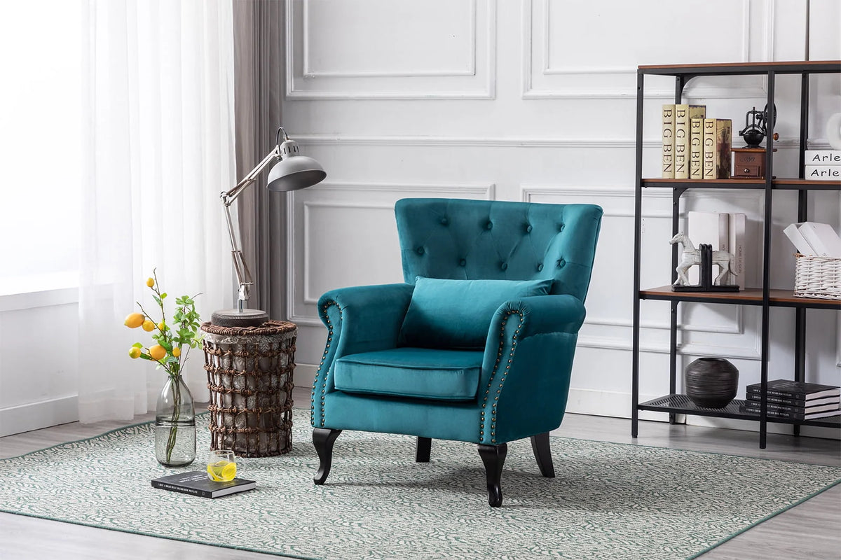 Guyou Mid Century Accent Chair Modern Button Tufted Armchair Wingback Club Chair Velvet Single Sofa Lounge Chair with Pillow for Living Room Bedroom, Teal Blue