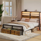 Pinmoco LED Queen Bed Frame with 49.2" High Storage Headboard and 4 Drawers, Adjustable Base Height Metal Platform Bed with Charging Station, Rustic