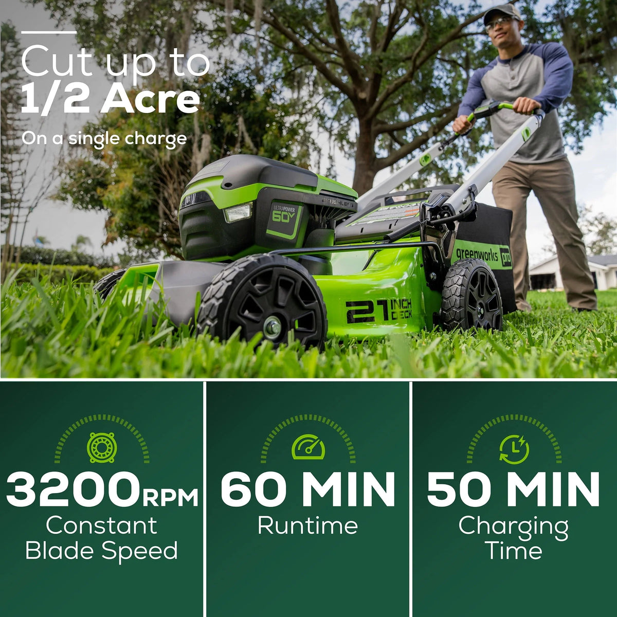 Greenworks 60V 21" Cordless Brushless Lawn Mower with 5.0Ah Battery & Charger