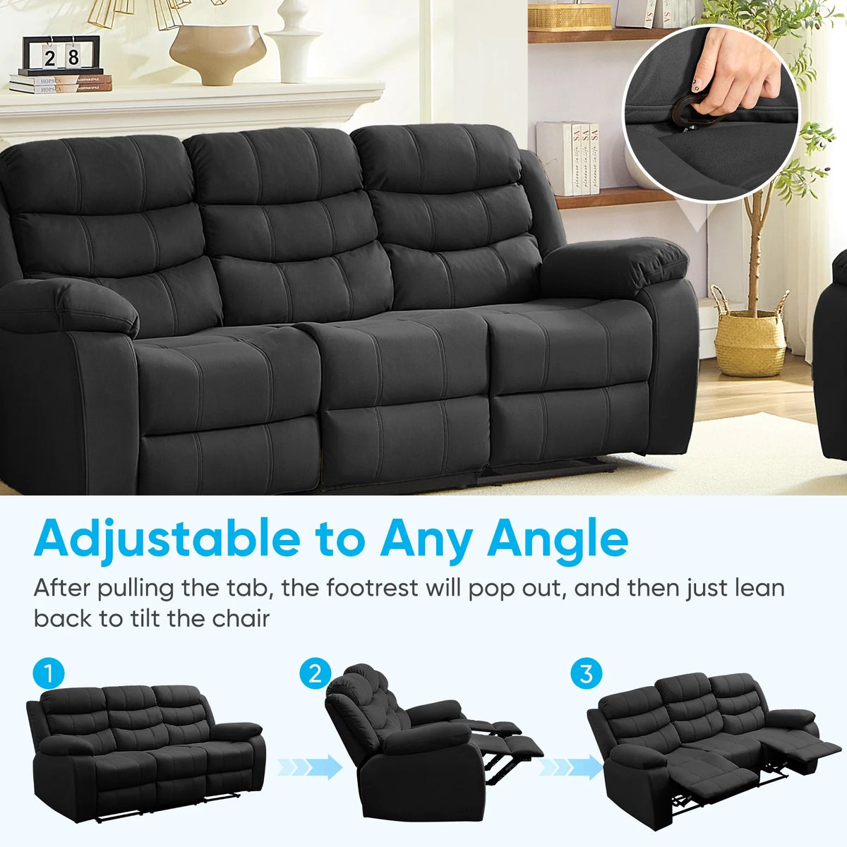 MUZZ Modern Reclining Sofa ,3-Seater Recliner Sofa with Cup Holders, Flip-Up Storage, Reversible Backrest and Footrest, Gray