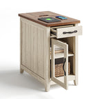 LINSY HOME End Tables for Living Room with Charging Station, Nightstand for Bedroom with Drawer and Detachable Holder,Washed Grey & Brown