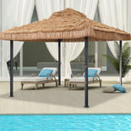Ainfox 10x10 Thatched Tiki Pavilion Gazebo, Patio Gazebo with Straw Thatch Roofing, Hawaiian Style Steel Frame