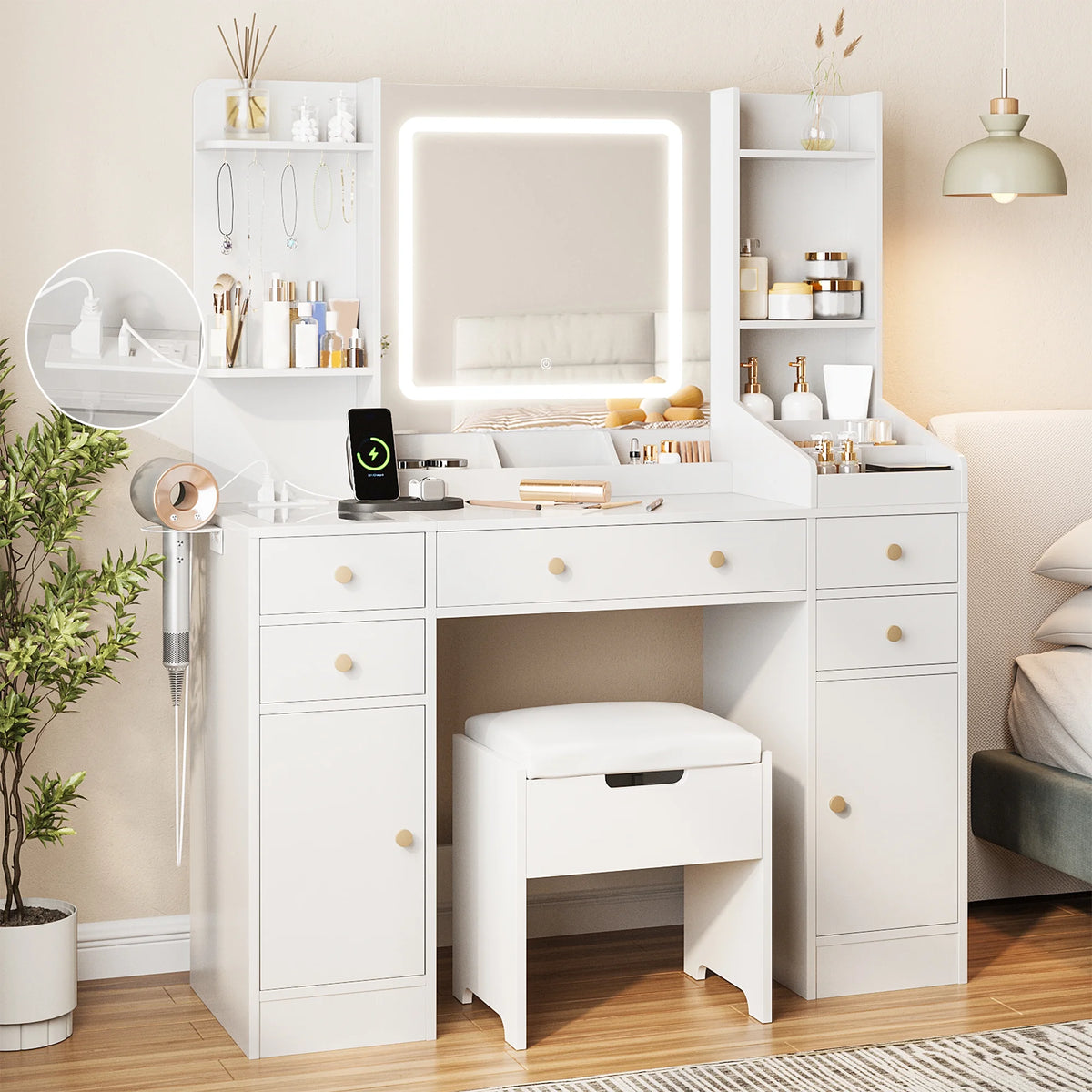 Vanity Set with Mirror and Lights, Makeup Table with Charging Station,5 Drawers & Storage Shelves, White