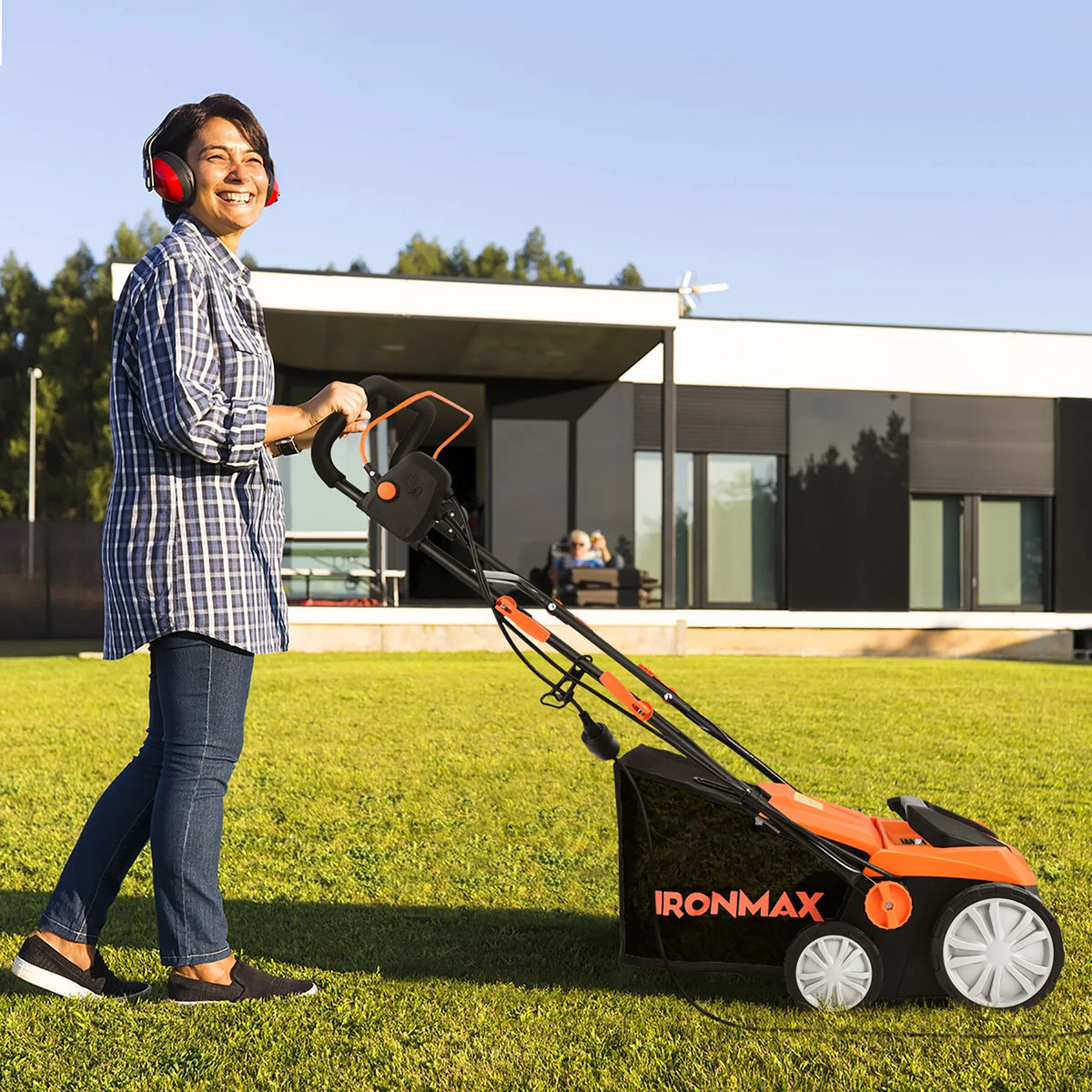 IronMax 13Amp Corded Scarifier 15" Electric Lawn Dethatcher w/50L Collection Bag Orange
