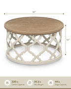 Bestco 30" Farmhouse Coffee Table, Round French Country Coffee Table, Distressed Wood Tray Top Vintage Coffee Table with Storage Shelf, Beige