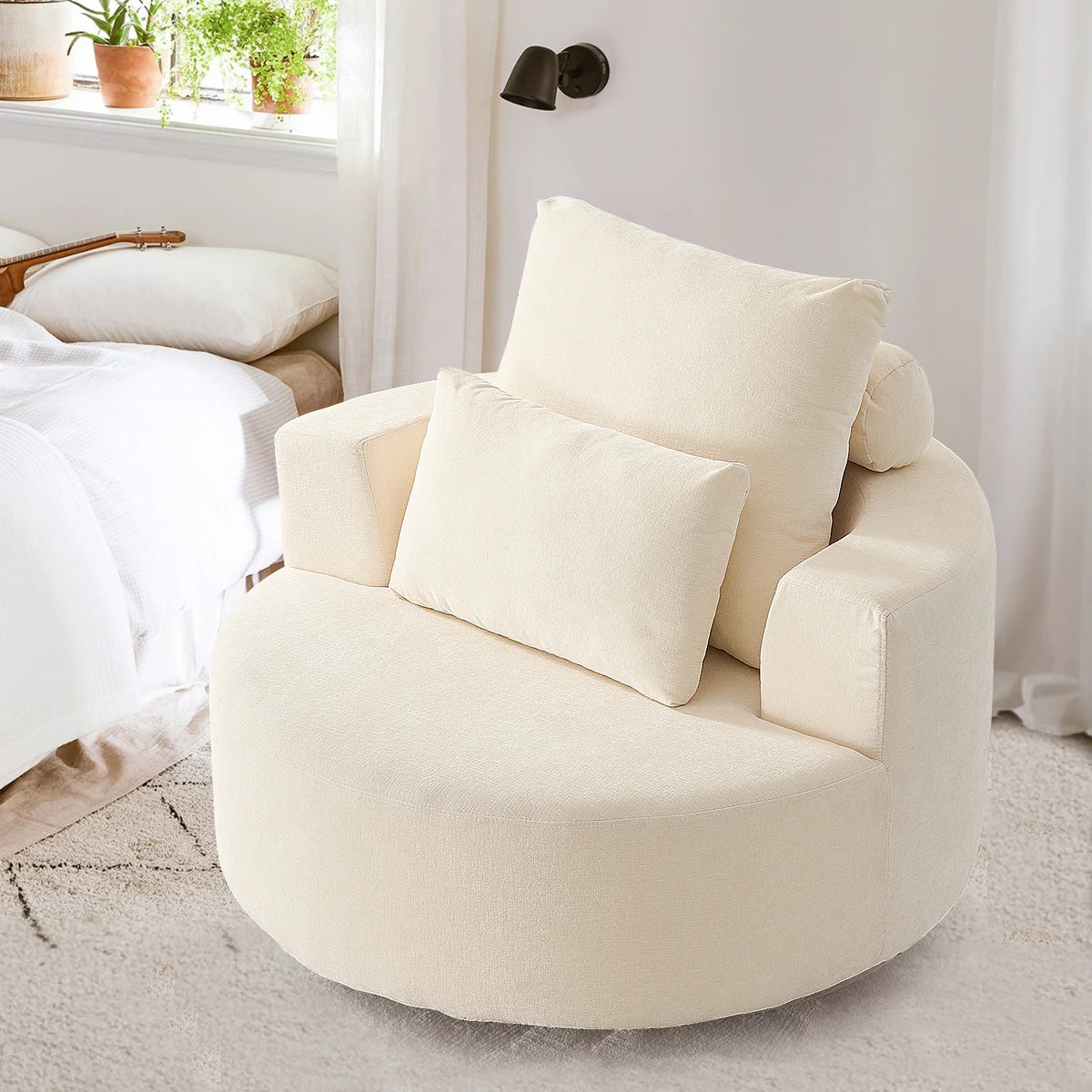 Fumahaus Upholstered Swivel Accent Chair, Oversized Comfy Round Sofa Chair with Two Pillows, Leisure Sofa Chair for Living Room Bedroom, Beige