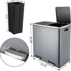 Arlopu 60 L/16 gal Dual Trash Can, Stainless Steel Garbage Can for Kitchen, Recycle Bin with Lid