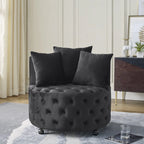 Swivel Barrel Chair, Modern Velvet Upholstered Lounge Chair with Button Tufted Design and Movable Wheels, Round Club Chair with 3 Pillows for Bedroom, Living Room, Lounge, Hotel. Black.