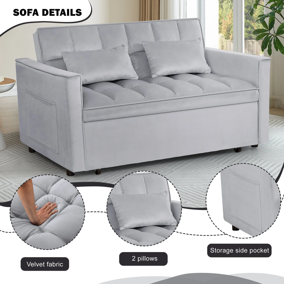 Gewnee 55'' Modern Convertible Velvet Sofa Bed with Pull-Out Twin Bed, Adjustable Backrest for Living Room, Office (Dark Gray)