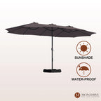 Mondawe 15ft Patio Umbrella Rectangular Outdoor Market Umbrella with Base and LED Lights Beige