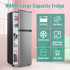 WANAI 5.0 Cu.ft Mini Refrigerator with Freezer 7 Settings Temp Adjustable Large Compact Fridge Silver
