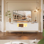 Bestier 55" LED TV Stand for TVs up to 60" Modern High Gloss Entertainment Center with Drawers Cabinets Fluted TV Console, White & Gold