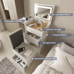 Vanity Desk with Flip Top Lighted Mirror, Compact Makeup Table with Storage Stool, Integrated Vanity with Drawers, 3-in-1 Vanity Set, Small Dressing Desk for Bedroom