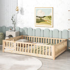 UHOMEPRO Twin Size Floor Bed with Door and Fence, Montessori Floor Bed with Slats and Safety Guardrails, Solid Wood Twin Bed Frame for Bedroom, White