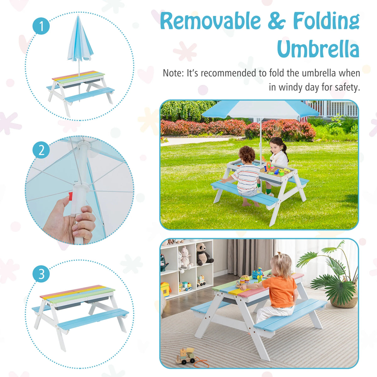Costway 3-in-1 Kids Picnic Table Wooden Outdoor Sand & Water Table with Umbrella Play Boxes Green