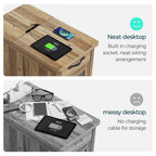 LINSY HOME End Tables for Living Room with Charging Station, Nightstand for Bedroom with Drawer and Detachable Holder,Washed Grey & Brown