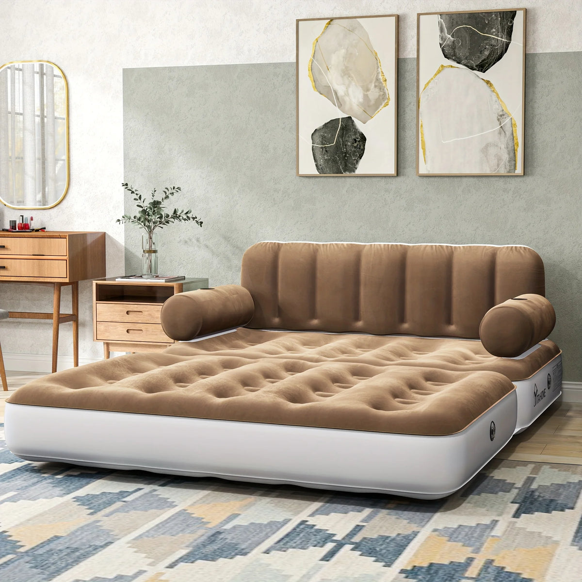 Inflatable Air Sofa Bed 2-in-1 Backrest Couch Airbed With Headboard And Pump Convertible Blow Up Bed Mattress For Home, Camping, And Guests, Living Room Furniture, Queen Size