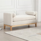 End of Bed Bench, 53.5" Boucle Fabric Upholstered Entryway Bench with Wood Legs & Bolster Pillows, Rolled Arm Cushioned Ottoman Foot Rest Long Stool Window Extra Seating for Bedroom, Ivory