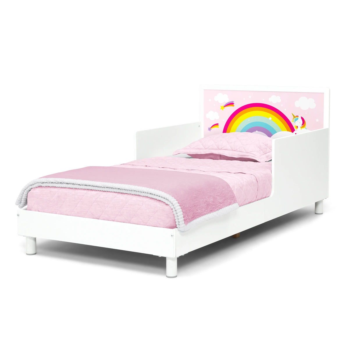 Delta Children Dreamer Toddler Bed (Choose from Dinosaur or Rainbow Headboard Stickers), Bianca White