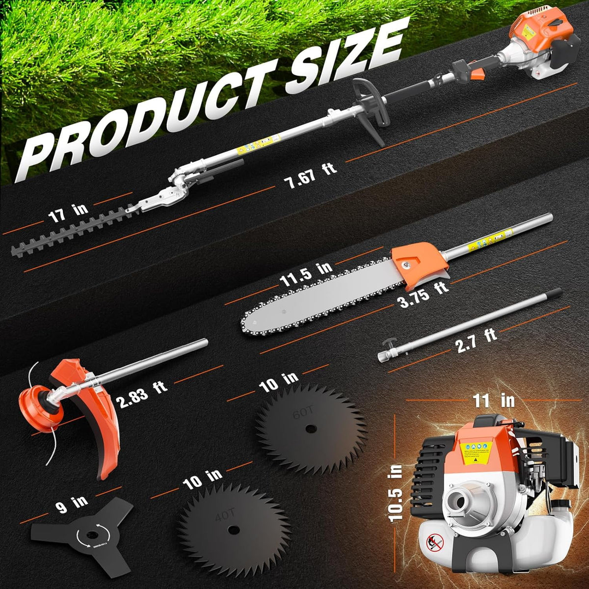 Datingday 52CC Orange Gas Weed Wacker, 2-Stroke Weed Eater Gas Powered, 6-in-1 Gas Hedge Trimmer, Gas Brush Cutter, Gas String Trimmer, Pole Saw with Extension Pole