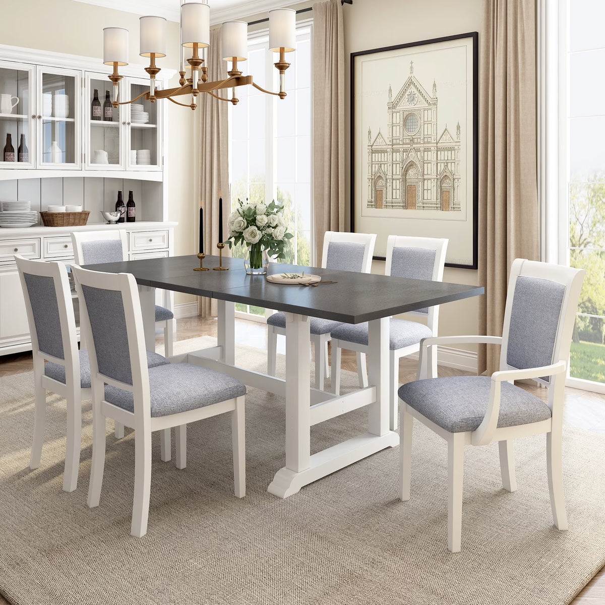 Harper & Bright Designs Farmhouse 7 Pieces Extendable Dining Table Set for 6, Solid Wood Kitchen Table with Butterfly Leaf and 6 Upholstered Chairs, Brown