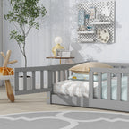 UHOMEPRO Twin Size Floor Bed with Door and Fence, Montessori Floor Bed with Slats and Safety Guardrails, Solid Wood Twin Bed Frame for Bedroom, White