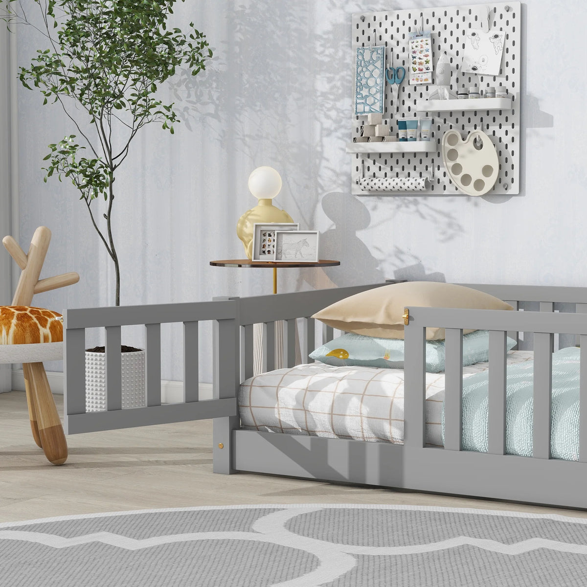UHOMEPRO Twin Size Floor Bed with Door and Fence, Montessori Floor Bed with Slats and Safety Guardrails, Solid Wood Twin Bed Frame for Bedroom, White
