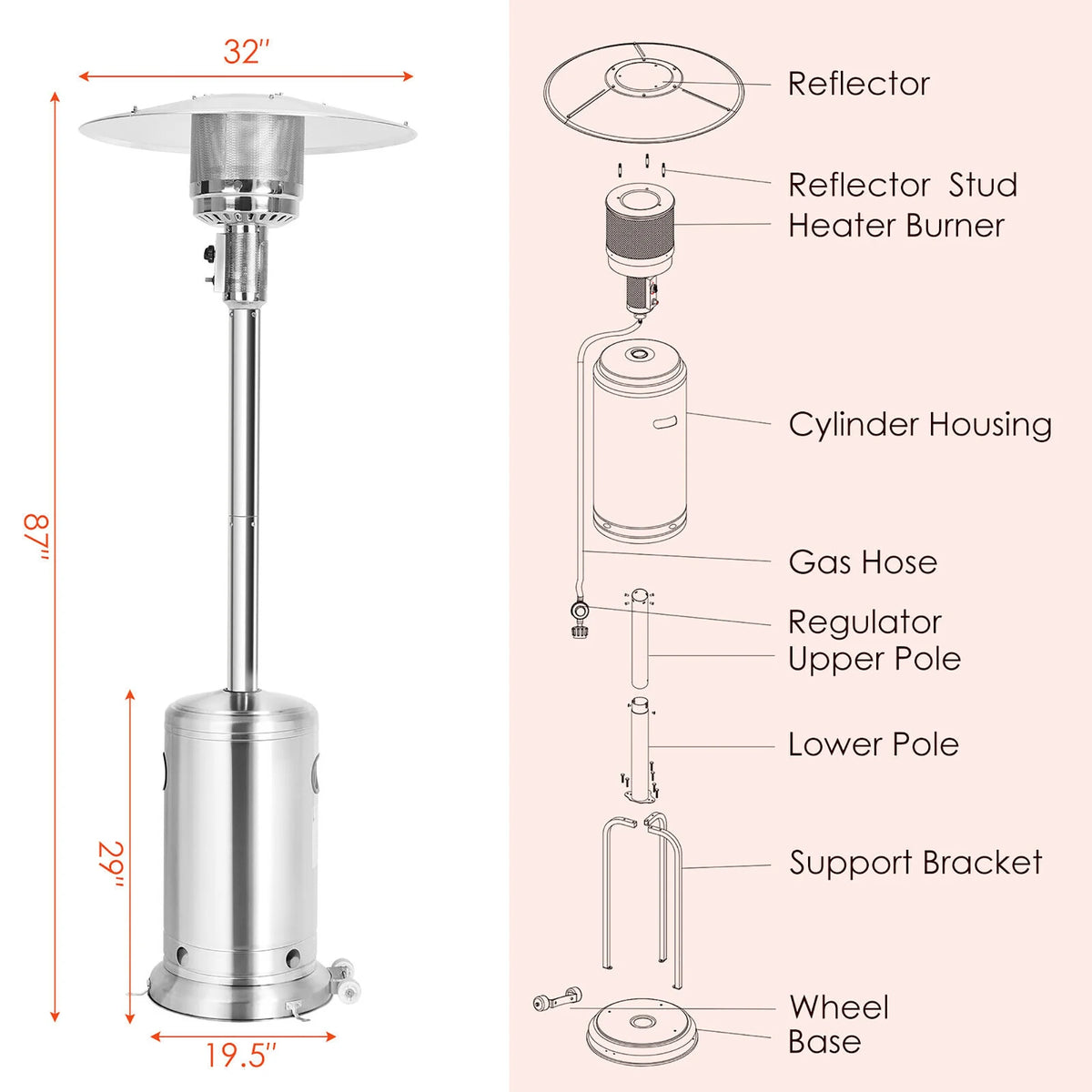 Costway 50000 BTU Propane Patio Heater Standing Steel with Wheels Grey
