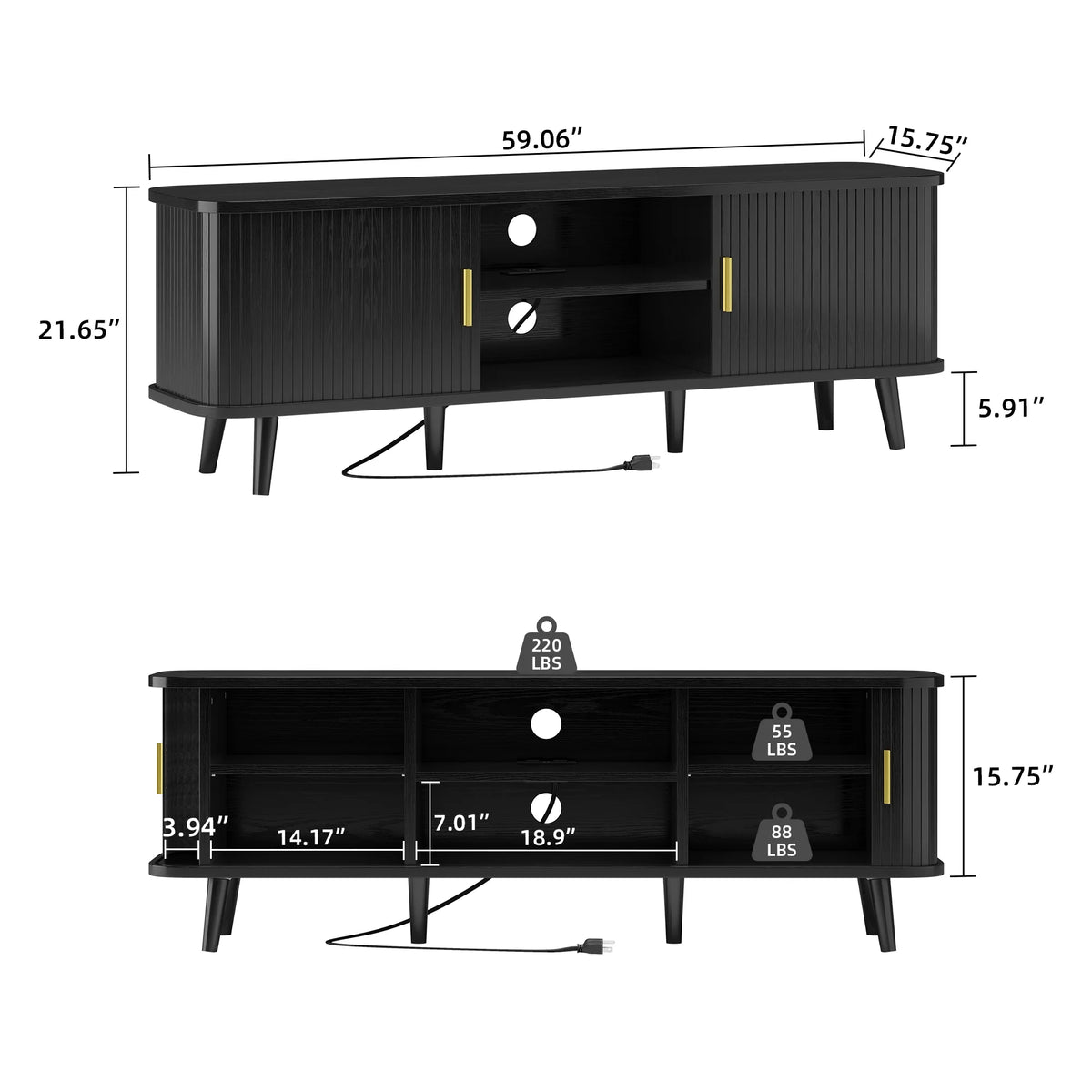 Laintene 59" TV Stand, Fluted TV Stand for TVs up to 65", Entertainment Center with Storage and Sliding Doors, Modern Media Console with Power Outlet for Living Room, Walnut
