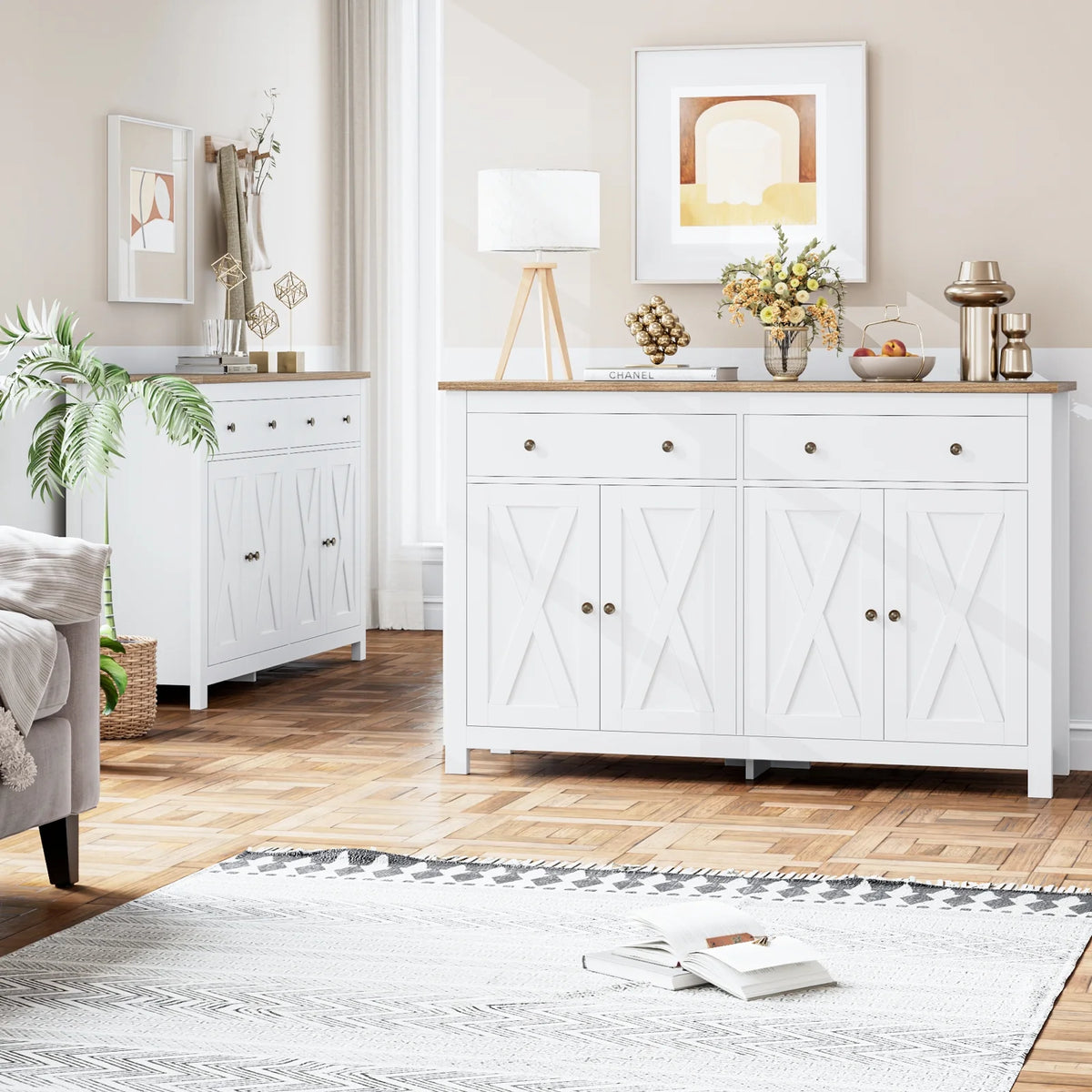 Homfa 55.1'' W Farmhouse Storage Cabinet, 4-Doors 2-Drawers Wood Sideboard with Adjustable Shelves for Kitchen Dining Room, White