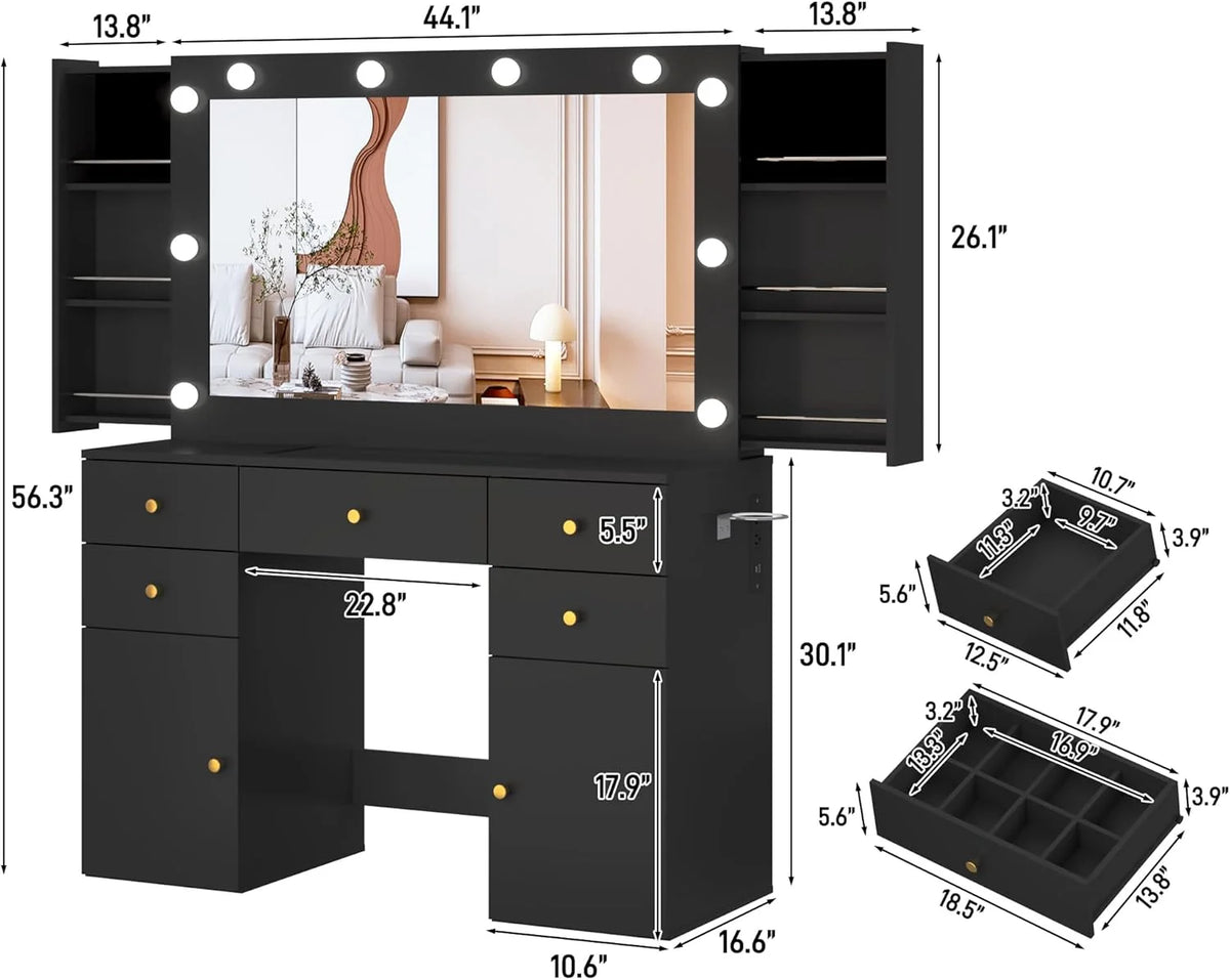 White Vanity Desk with Large Lighted Mirror & Power Outlet, Makeup Vanity Table with Glass Top & Drawers, Sliding Storage, 44.1" Large Makeup Vanity Table for Women Girls, White