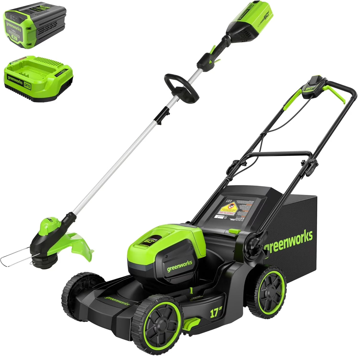 Greenworks 60V 17" Brushless (Push) Mower + 60V 13" String Trimmer, 4.0Ah Battery and 3A Charger