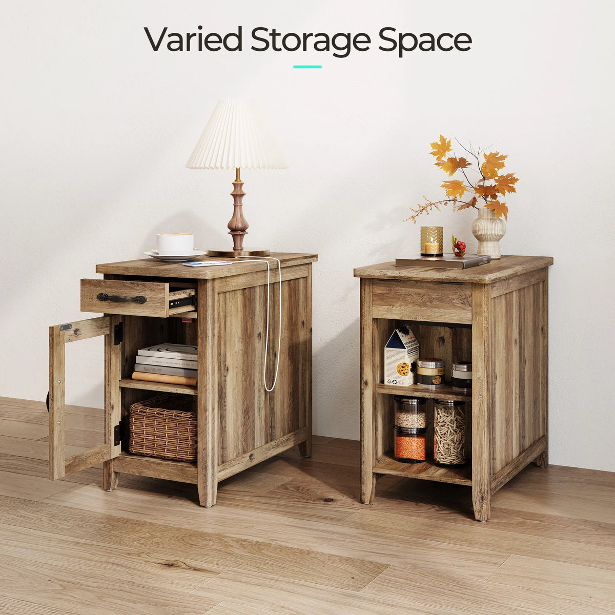 LINSY HOME End Tables for Living Room with Charging Station, Nightstand for Bedroom with Drawer and Detachable Holder,Washed Grey & Brown