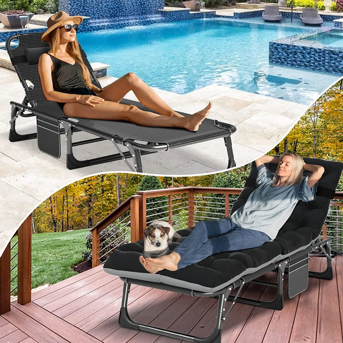SLSY Folding Camping Cot with 2 Sided Cushion & Pillow, Adjustable 5-Position Outdoor Portable Folding Lounge Chair, Folding Sleeping Cots Bed