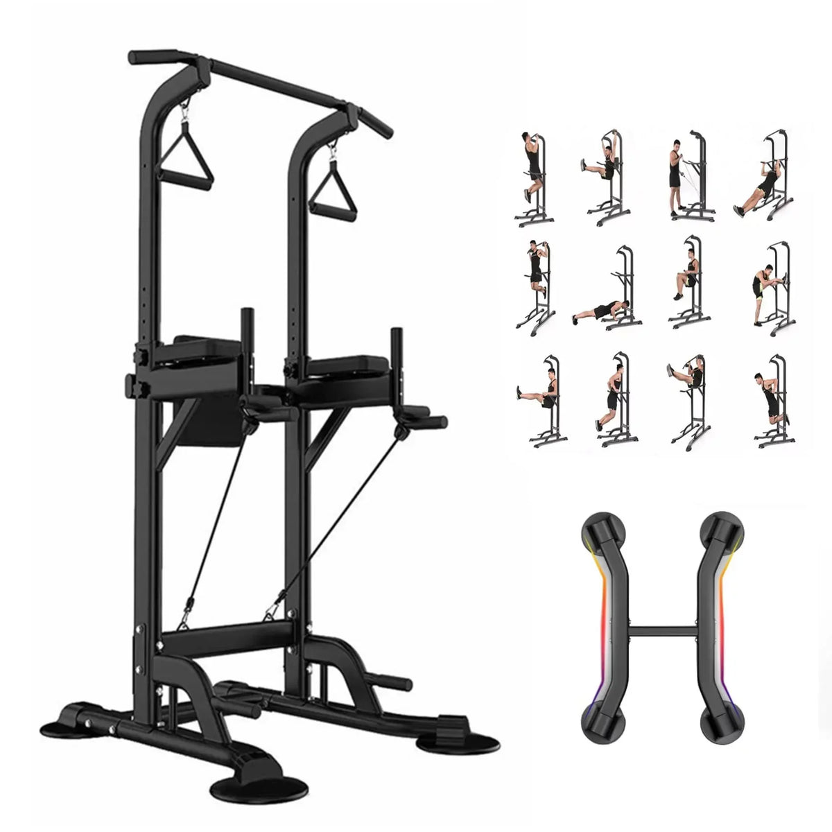 PROHIKER Power Tower Dip Station, Pull Up Bar Stand Power Rack with Backrest and Resistance Band, Height Adjustable Strength Training Equipment for Fitness Home Workout, Black