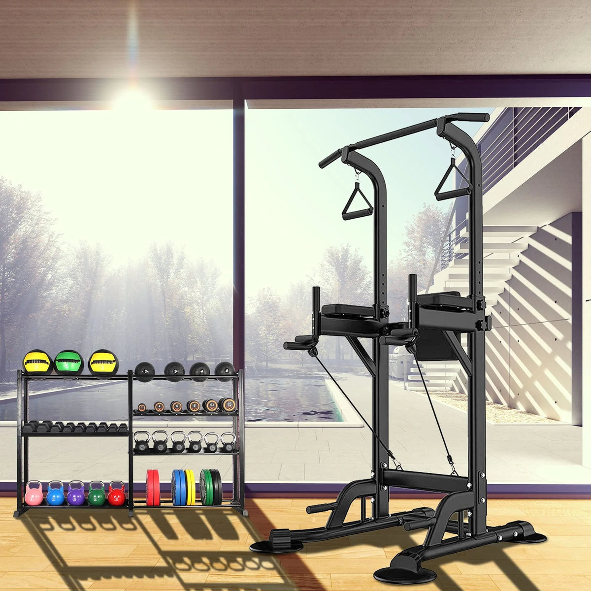 PROHIKER Power Tower Dip Station, Pull Up Bar Stand Power Rack with Backrest and Resistance Band, Height Adjustable Strength Training Equipment for Fitness Home Workout, Black