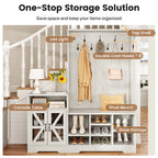 Farmhouse Wood Hall Tree with Shoe Bench and Console Table, LED 4-in-1 Coat Rack with 8 Hooks and 7 Adjustable Shoe Cubbies, Multifunctional Entryway Storage Organizer with Cabinet, Vintage White
