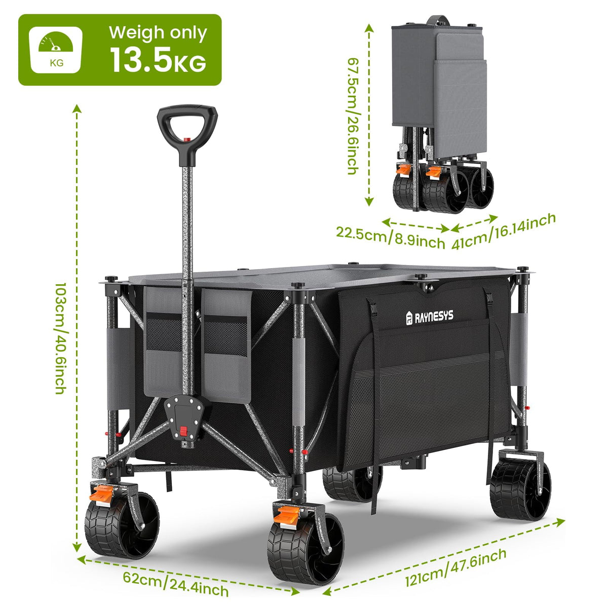 Raynesys 300L Foldable Wagon Cart with Wheels, 440lbs Heavy Duty Beach Wagon for Sand Sports Camping Grocery, Black & Gray