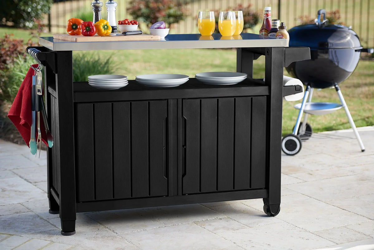 Unity XL Resin Serving Station, All-Weather Plastic and Metal Grill, Storage and Prep Table, Graphite