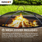 Sunjoy Stone Fire Pit 26 Inch, Outdoor Round Wood Burning Fire Pits with Spark Screen and Poker  Grey